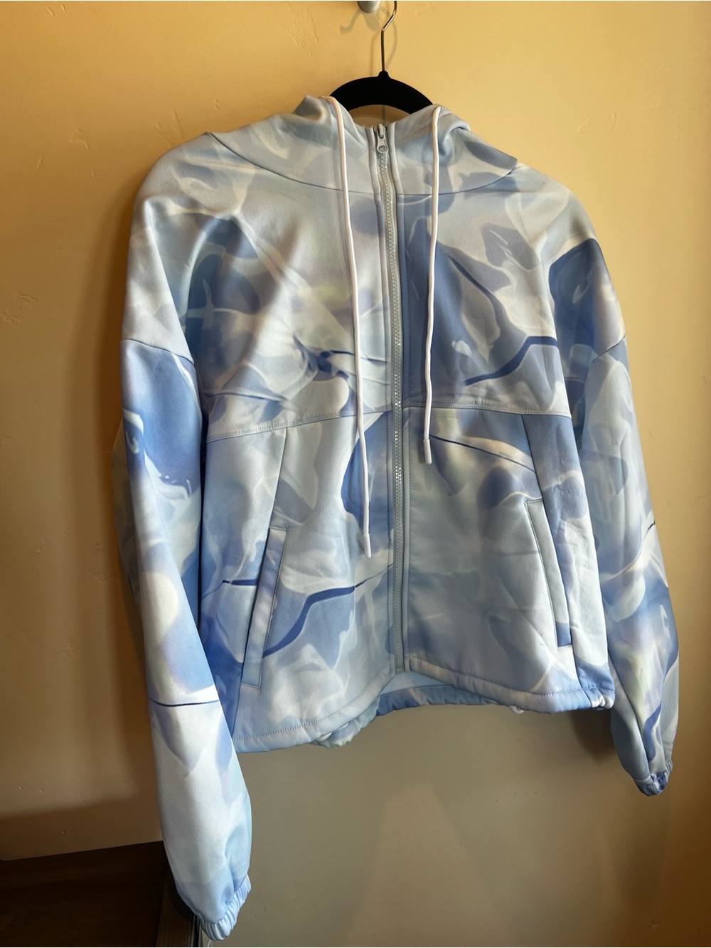 Light Blue Marble Print Zip Hoodie Jacket - Women